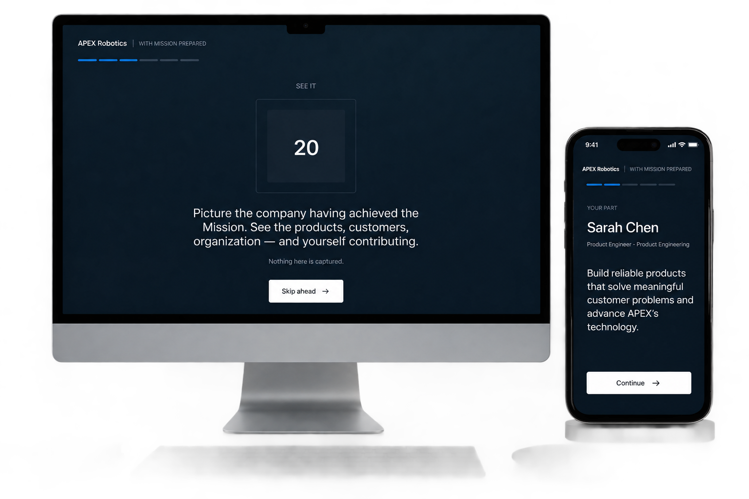 Mission Prepared visualization and personal contribution steps on desktop and phone