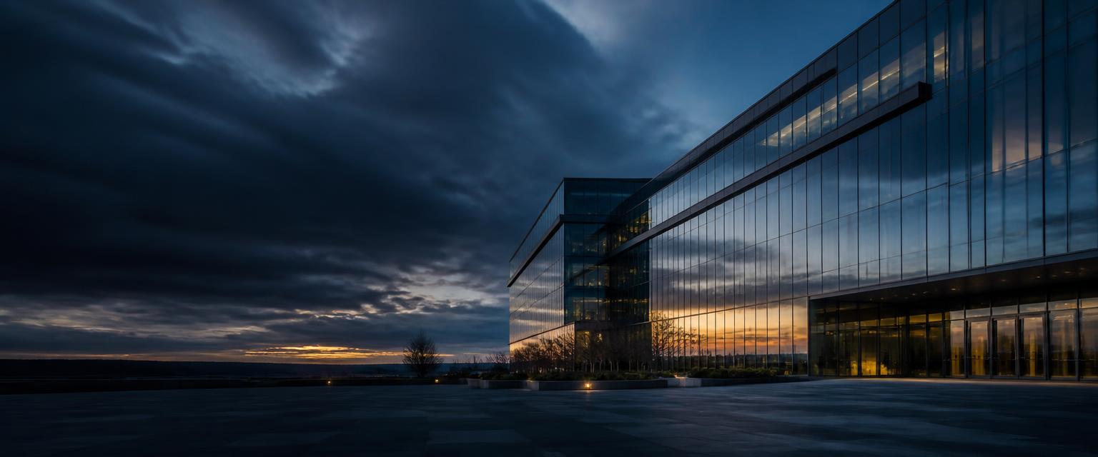 Global corporate headquarters at dusk